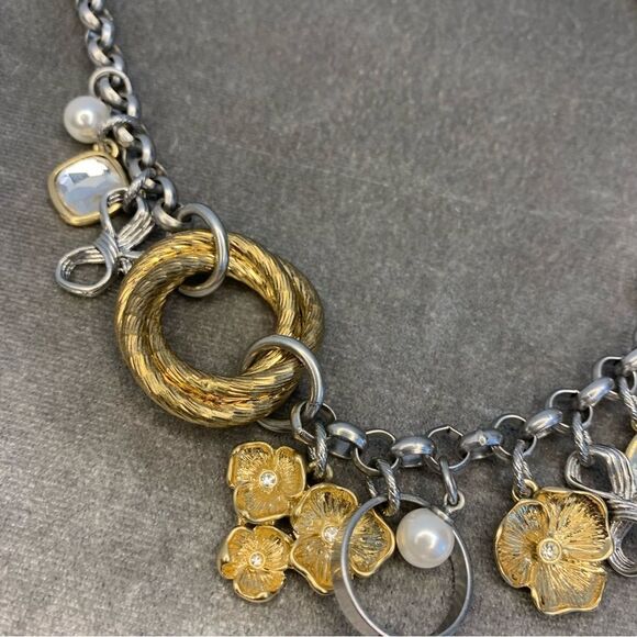 GOLD and silver tone charm necklace bow ring flower pearl - Picture 7 of 11